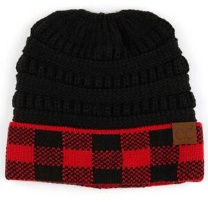 C.C. Women's Beanie Tail Red Black Buffalo Check Cuff Hat Bun Ponytail Winter